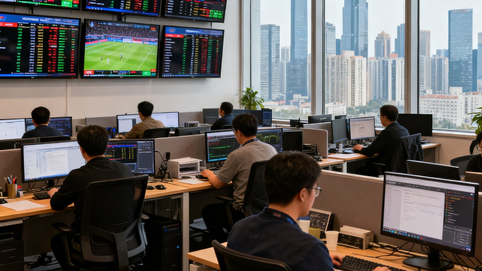 足球网北京总部办公室内景，开放式工位区坐满了专注工作的数据分析师和编辑，墙上挂着多块显示实时比赛数据的大屏幕，窗外是朝阳区城市天际线